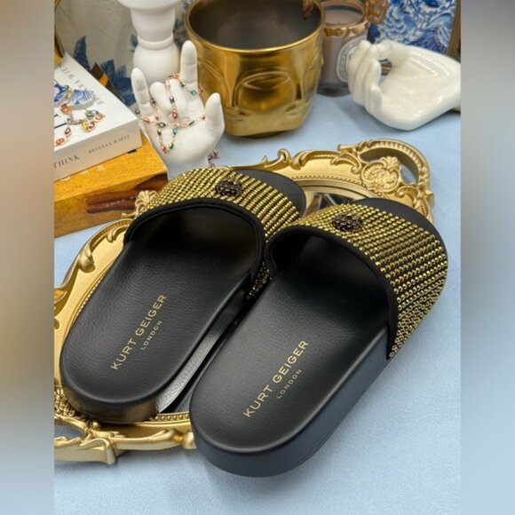 🆕 KURT GEIGER LONDON 🧿 NWOB Meena Eagle Black & Gold Studded Slide, Sz 8.5 - Picture 10 of 12
